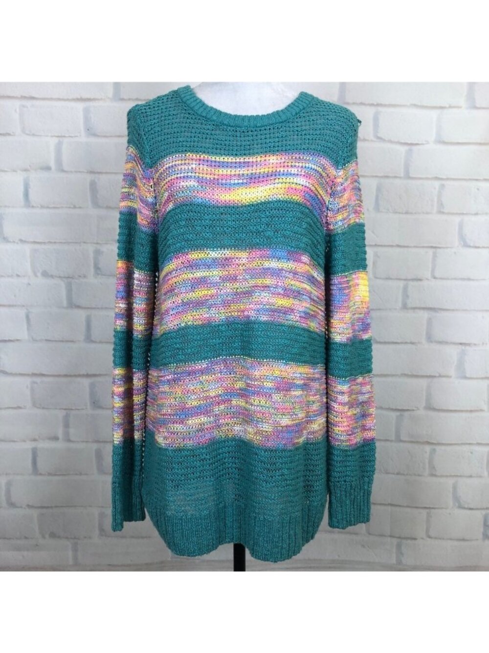 Soft Surroundings Serafina Sweater Size M Turquoise Stripe Open Knit